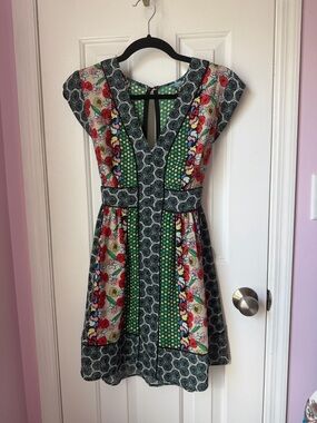 Disney Multicolor Patchwork V-Neck Mini Dress with Green Panels